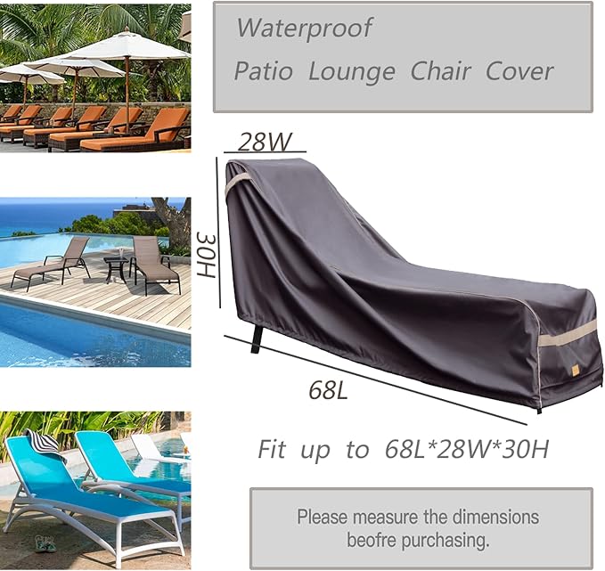 Patio Chaise Lounge Cover Waterproof, Heavy Duty Outdoor Lounge Chair Covers, Dark Grey Durable Patio Furniture Covers, 2Pack, 68"L*28"W*30"H