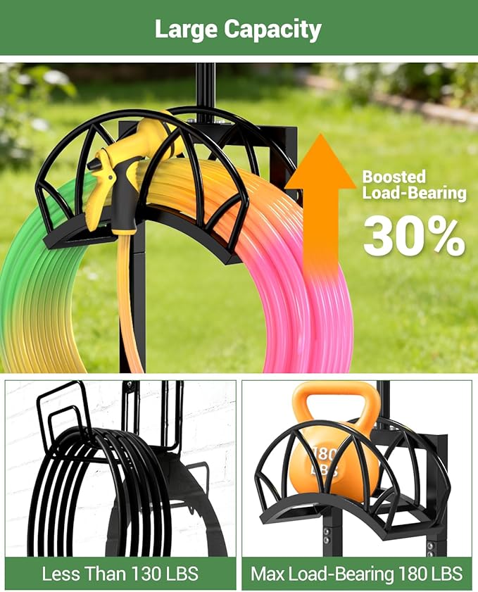 HZE Garden Hose Holder, Freestanding Water Hose Holder Stand for Outside with Solar Light, Heavy Duty Detachable Metal Garden Tube Storage Hanger Rack Holds 160 FT for Yard Lawn Farm, Black
