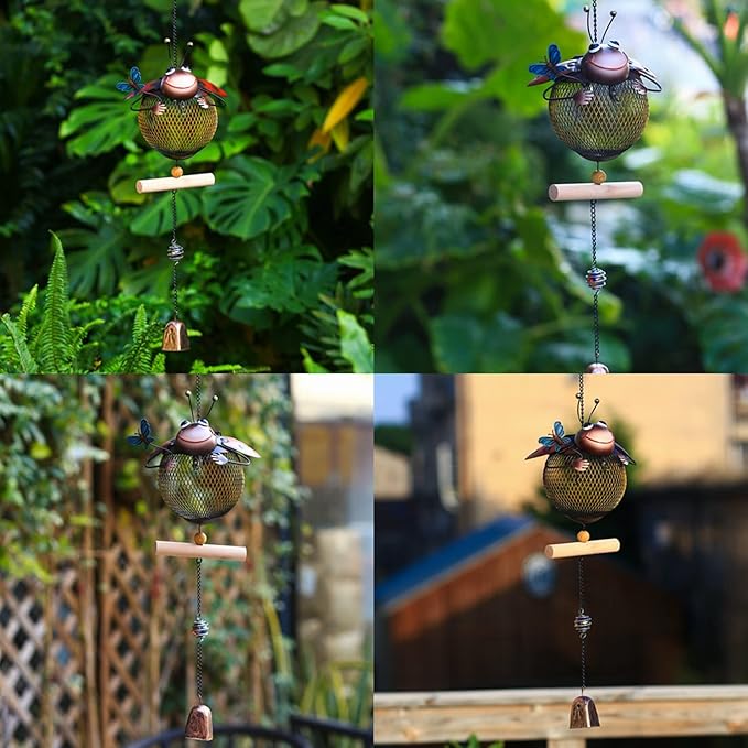 Solar Ladybug Wild Bird Feeders Squirrel Proof for Outside - Unique Cute Metal Ladybug Bird Feeder with Solar Light, Wind Chime, Gift for Bird Lovers(Ladybug)