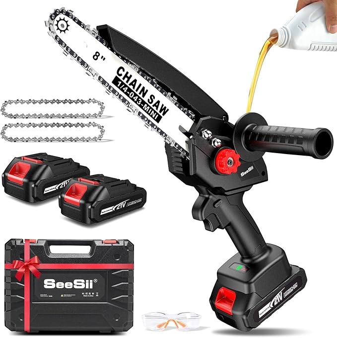 Mini Chainsaw Cordless 8 inch: Electric Chainsaw Battery Powered, Brushless Chain Saw with Auto Oiler, 2pcs Battery, Handheld Saw for Tree Branch Wood Cutting,Gardening Tools for Men Dad Husband