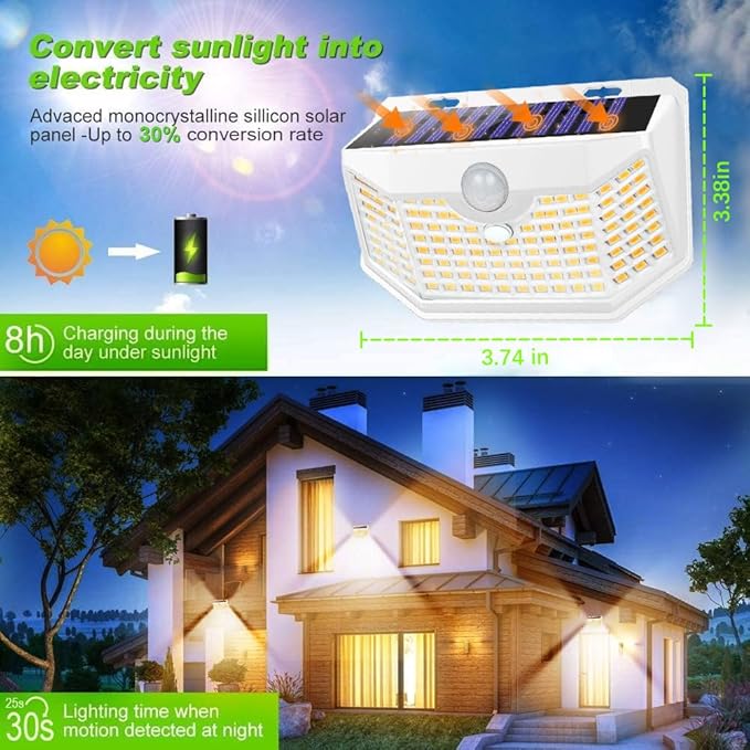 HMCITY 120 LED Solar Lights Outdoor with Motion Sensor and 3 Lighting Modes, IP65 Waterproof Wide Solar Wall Lights Ideal for Garden Patio Yard (Front Button 2Packs, White Shell-Warm White)
