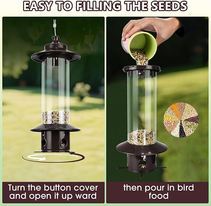 Bird Feeder for Outdoors, Hanging Squirrel Proof Bird Feeders for Outside with 4.8 Lb Capacity, 4 Ports Tube Metal Wild Birdfeeders for Garden Yard Decoration Viewing Cardinal