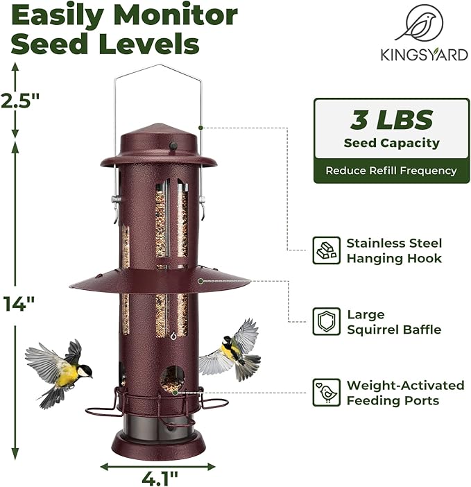Kingsyard Squirrel Proof Bird Feeders with Weight-Activated Perches, Metal Wild Bird Feeder for Outdoors Hanging, 3 lb Large Seed Capacity, Antique Copper