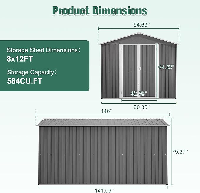 KEIKI Storage Shed 12x8 FT, Large Metal Tool Shed for Outdoor Storage, Galvanized Steel Garden Shed with Lockable Doors for Patio, Backyard, Lawn, Grey
