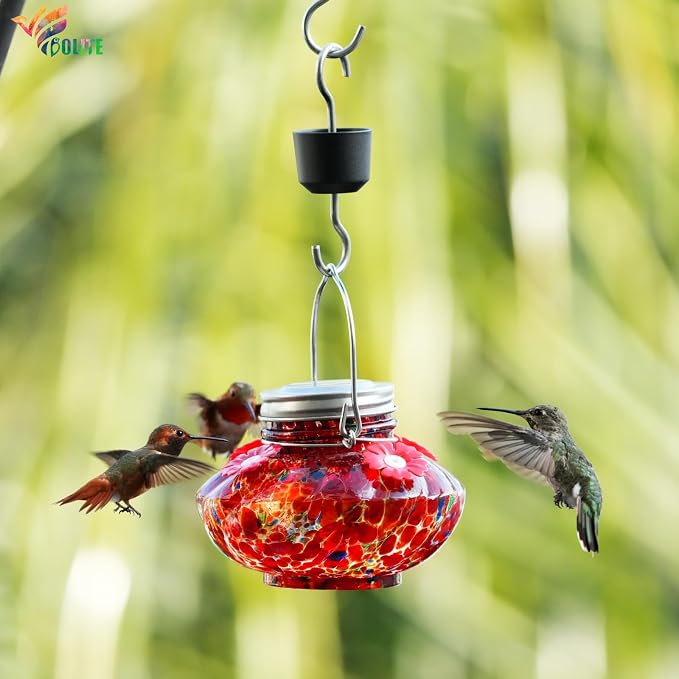 BOLITE Hummingbird Feeders for Outdoors, Hand Blown Top Fill Hummingbird Feeder, Glass Mason Jar with 4 Flower Feed Ports, Easy to Clean, Leak Proof, Bee Proof, Ant Moat, Red, Gift for Bird Lovers