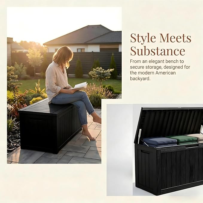 Large 231 Gallon Resin Deck Box, Heavy Duty Lockable Patio Storage Box Outdoor, Waterproof Tool Box for Garden Furniture Cushions & Pool Supplies, Wood Grain Outdoor Storage Bench for Backyard