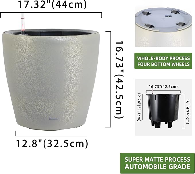 Dexceder 18x17 Self Watering Planter with Wheels (Grey Gold Crackle) | Inner Pot Design, Thickened Large Floor Standing Flower Plant Pot with Water Level Indicator Indoor Outdoor
