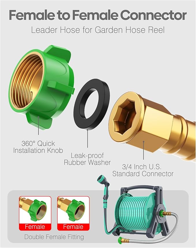 Short Metal Garden Hose 15ft with Female to Female Connector, Stainless Steel Small Leader Hose for Hose Reel, Long, Flexible, Lightweight & Heavy Duty Water Pipe, Outdoor Water Hose Extension Adapter