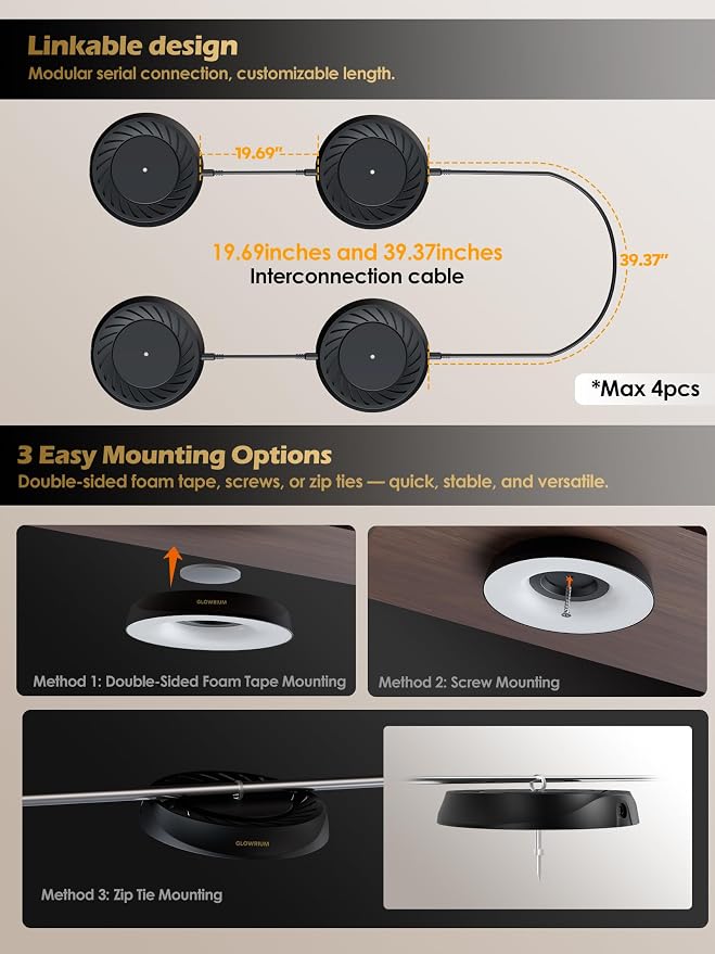 GLOWRIUM Grow Lights for Indoor Plants, 32W Smart Full Spectrum LED Grow Light, Auto Timer and Stepless Dimming,Plant Assistant with Watering Reminder,Modular Design (Black, 4PCS)