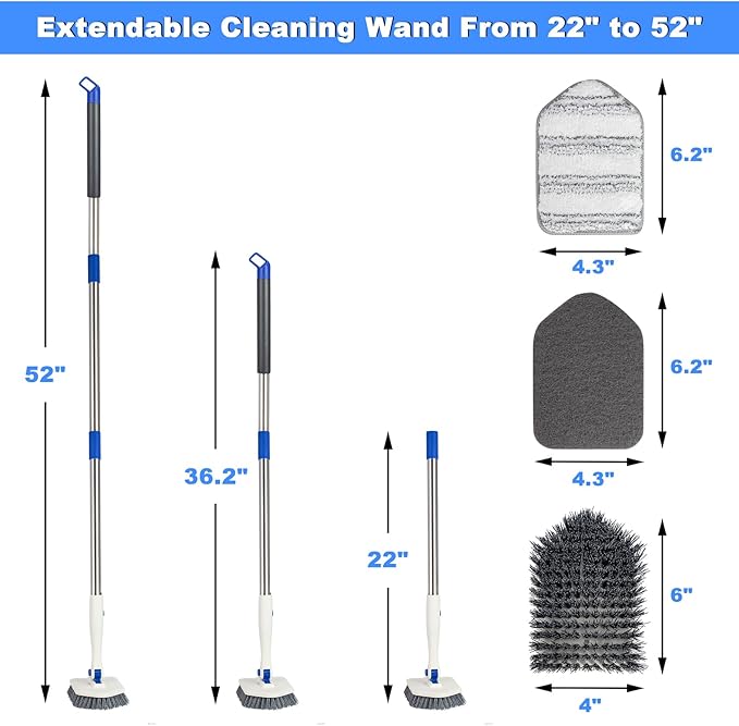 Pool Brush Floor Scrub Brush with 52" Adjustable Long Handle,Shower Swimming Pool Brush for Glass Doors,Bathroom,Kitchen,Tile,Car Glass,Marble Floors