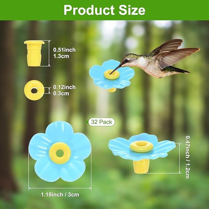 M METERXITY 32-Pack Hummingbird Feeder Replacement Flowers, Plastic Pet Hummingbird Feeding Parts Feeding Ports for Outdoor Hanging Feeders, Bees Guards [Blue]
