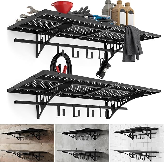 Zonon 2 Pack 1.67 x 4 ft Heavy Duty Garage Wall Shelving with 12 Hooks, 700 Lbs Load Capacity, Wall-mounted Garage Storage Shelving and Organization for Sheds, Closets, or Utility Rooms