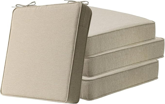 Unimatta Square Corner Seat Cushions, 19" x 19" x 3", Set of 4, Indoor Outdoor Water Repellent Universal Chair Pads with Ties for Patio Furniture, Garden Deck Dining Chairs, Tan