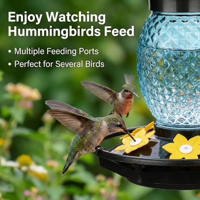 Fchstaer Glass Hummingbird Feeders for Outdoors Hanging Ant and Bee Proof 16OZ 2 Pack Blue Pineapple Humming Bird Feeder with 6 Feeding Ports and Ant Moat Hummingbird Gifts for Women Garden Decor