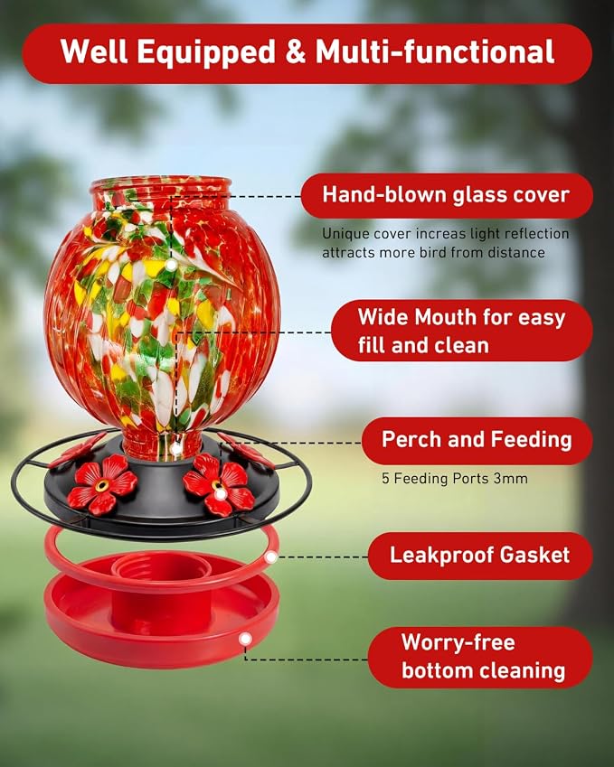 Solar Hummingbird Feeder for Outdoors 24oz Solar Powered Hummingbird Feeder Hand Blown Glass 7 Color Changing for Outdoors Garden Hanging Water-Proof Leak Proof Wild Bird Feeders Gifts for Women Mom