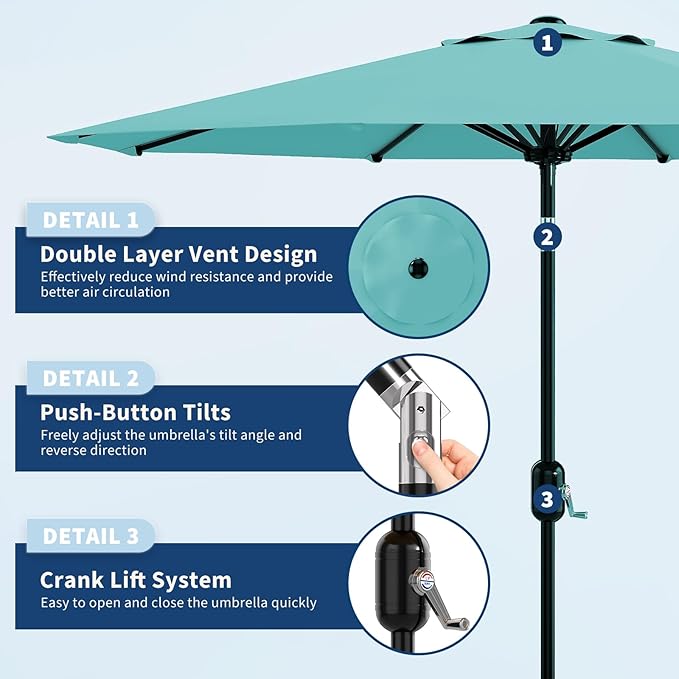 Garvee 10 ft Outdoor Patio Umbrella 8 Sturdy Ribs Outdoor Table Umbrella with Crank Lift & Push Button Tilt - UV Protection Waterproof Market Umbrellas for Pool, Deck, Yard, Garden, Lake Blue