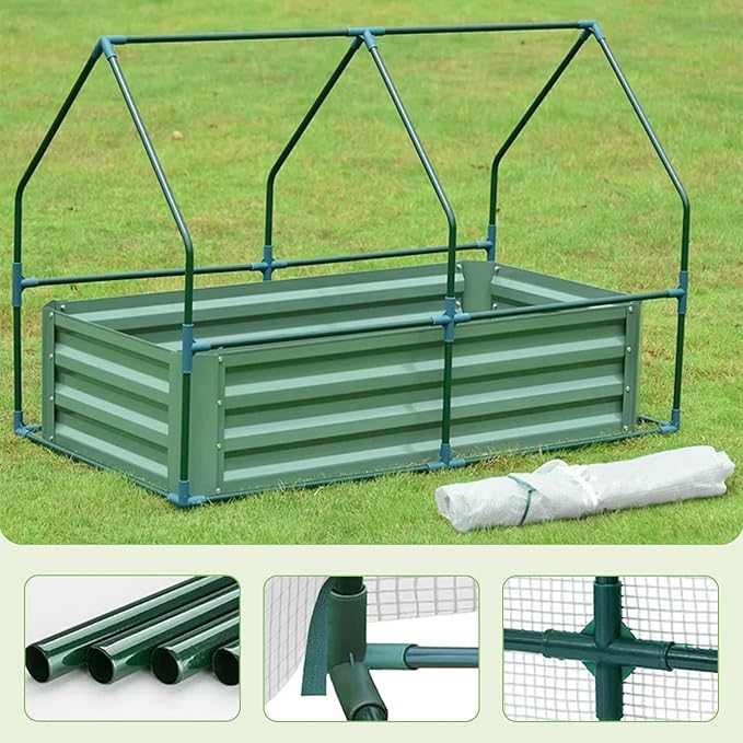 BPS Raised Garden Bed Set, 4x2x1 FT Metal Bottomless Flower Bed with PE Cover for Outdoor Planting, White