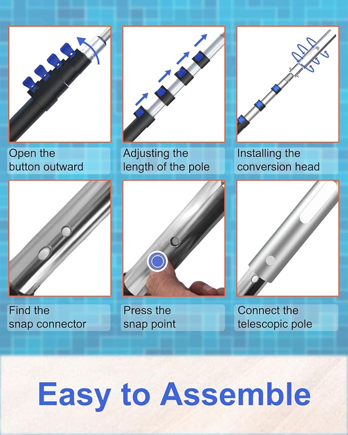 Swimming Pool Pole, Upgraded 16FT Professional Telescopic Extendable Pool Pole Aluminium Heavy Duty, Adjustable Length 4 to 16 Feet, Universal Pole for Skimmer Nets, Brushes and Vacuum Heads