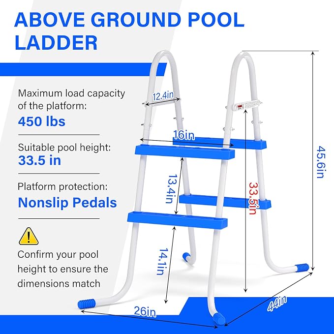 Heavy Duty Steel Frame Swimming Pool Ladder for Above Ground Pools, 2-Step Double-Sided Pool Stairs for 33.5" Height Pools, 450lbs Capacity with Anti-Slip Rubber Feet & Wide Steps