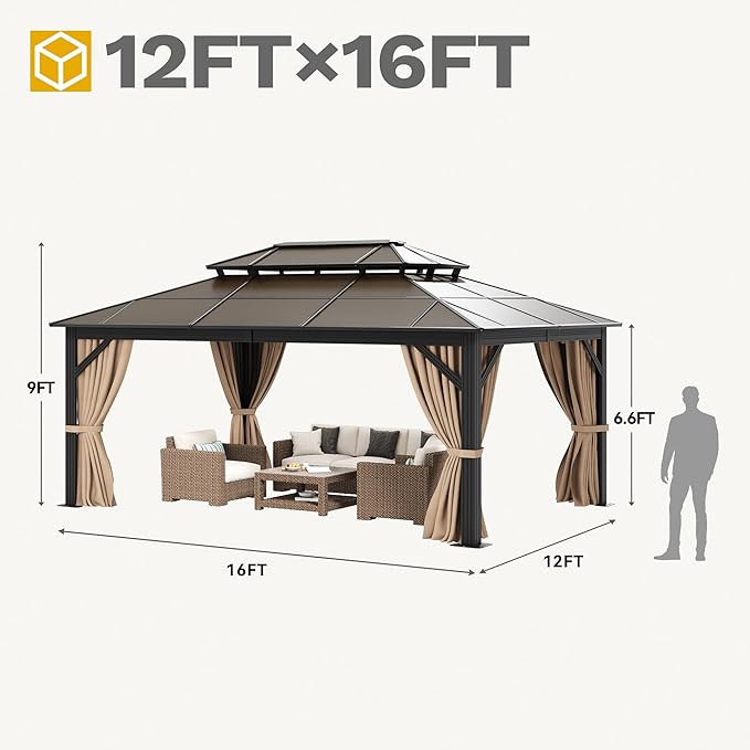DWVO 12x16ft Gazebo Hardtop Double Roof Polycarbonate Canopy Outdoor with Netting and Shaded Curtains, Metal Frame Garden Tent for Patio, Backyard, Deck and Lawns, Brown