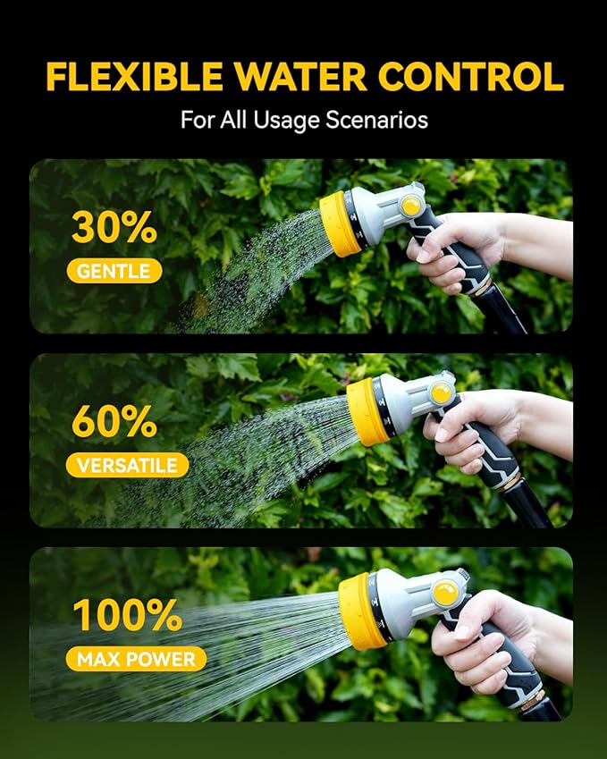 RAINPOINT Full-Metal Garden Hose Nozzle, Heavy Duty Water Hose Nozzle Sprayer With 10 Adjustable Patterns & High Flow,Thumb Control For Flow Adjustment, Ideal For Watering, Washing, Cleaning,Yellow
