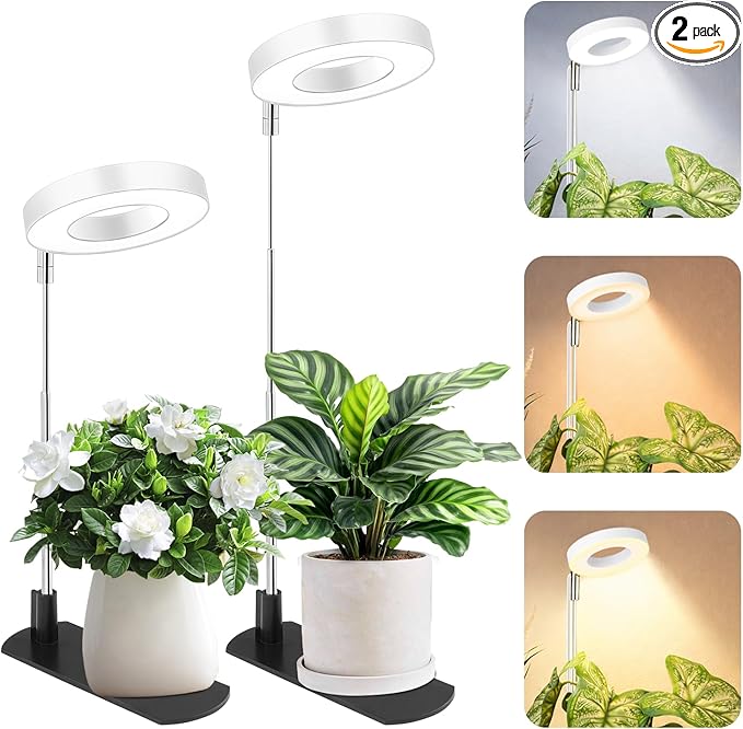 LBW Grow Light for Indoor Plants, Height Adjustable Plant Grow Lamp with Auto On/Off Timer 6/8/12/16H, 3 Colors,5 Dimmable Brightness, for Small Plants, White, 2 Packs