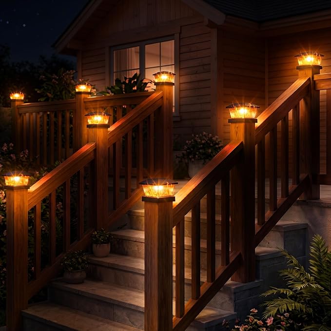 btfarm 4x4 Solar Flame Post Cap Lights, 8 Pack Fence Deck Post Lights Outdoor Solar Powered Waterproof, Fits 4x4 3.5x3.5 Wooden & Vinyl for Porch Patio Yard(Flickering Flame, Black)