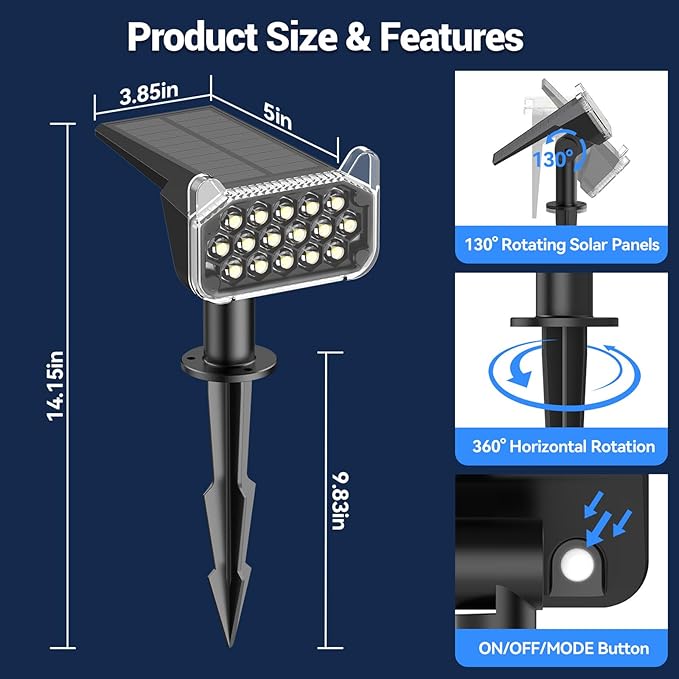 WdtPro Solar Spot Lights Outdoor Waterproof, Bright Solar Lights Outdoor with 16 Extra-Large LEDs, 3 Modes Landscape Spotlights, 2-in-1 Solar Powered Light for Yard Flag Garden, 2 Pack, Warm White
