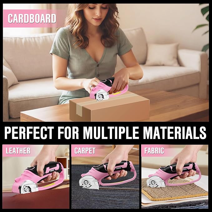 Cordless Electric Scissors 4V Rechargeable Cardboard Cutter with 4 SK5 Blades, 2000mAh Battery, LED Light, Electric Box Cutter 1/3” Cutting Capacity Power Cutter for Fabric Carpet Leather - Pink