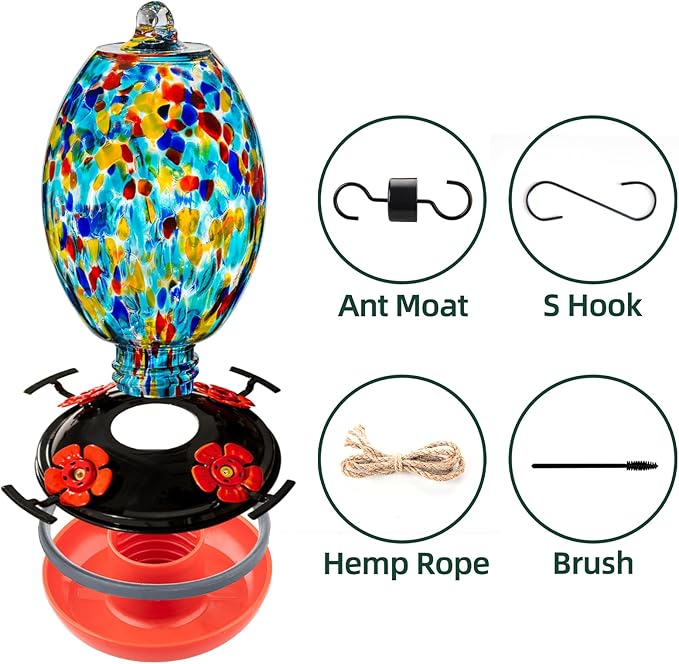 Muse Garden Glass Humming Bird Feeders for Outdoors - 27OZ Blown Glass Hummingbird Feeder - Unique Gift Mom Women Grandparents, Outdoors Hanging Garden Decor, Ant Moat & Brush, Blue Polka Dots
