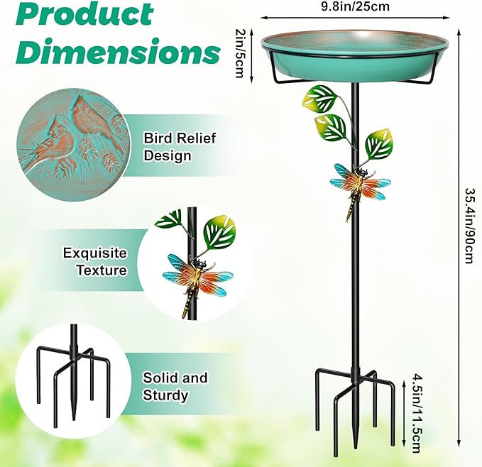 Metal Bird Bath for Outside, 35.4In Vintage Freestanding Garden Birdbaths & Birdfeeder with Upgraded 5 Prongs Base, Bird Baths Feeder Water Bowl for Outdoors Patio Yard Lawn Art Decor (Retro Green)
