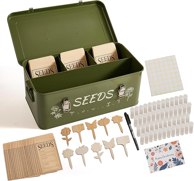VerdantVibes Metal Seed Storage Organizer Box - Large Galvanized Seed Bin with 50 Vials, 50 Envelopes, Dividers & Labels - Complete Seed Saving Container & Gardening Gifts for Women Men