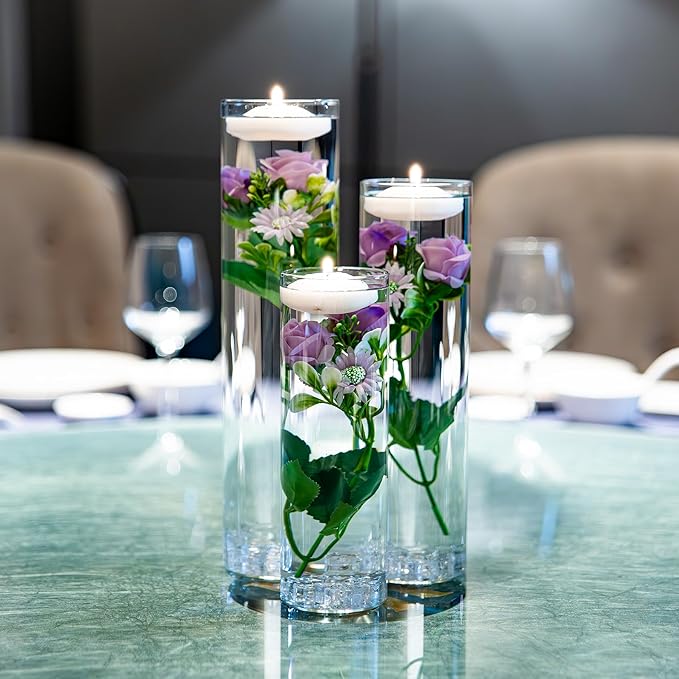 Purple Rose Floating Flowers for Table Centerpieces Glass Cylinder Vases Fillers Set with Floating Candles and Fake Ice Cubes for Wedding Party Home Pool Bar Restaurant Festival Decoration