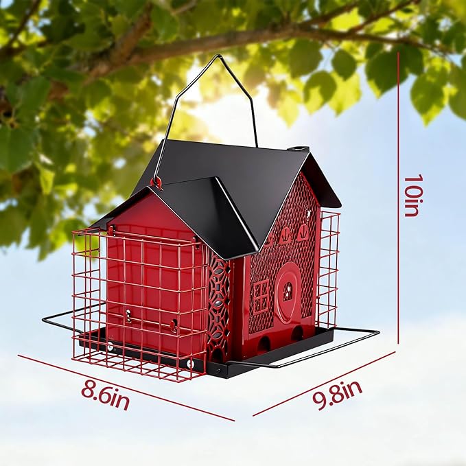Outdoor Hanging Bird Feeder Large Capacity Durable and Sturdy Decorative Metal Bird Feeder Green and Black Two-Tone Waterproof Design with Sloped Tray Easy-Fill Wild Bird House (Red)