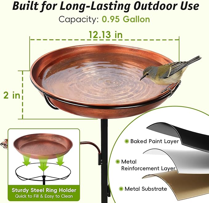DRQ 35'' Metal Bird Bath for Outside, 12'' Dia × 2'' Deep Birdbath Bowl, Bird Feeder with 6.5'' 5-Pronged Base for Garden Decor, Patio, Yard, Lawn – Vintage Brown