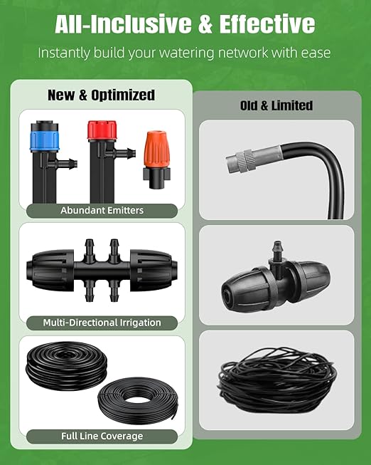 Pawfly Drip Irrigation System for Garden, 240FT Drip Irrigation Kit with 1/2" & 1/4" Tubing Adjustable Emitters Fittings and Accessories, Garden Watering System for Garden Greenhouse Lawn Yard