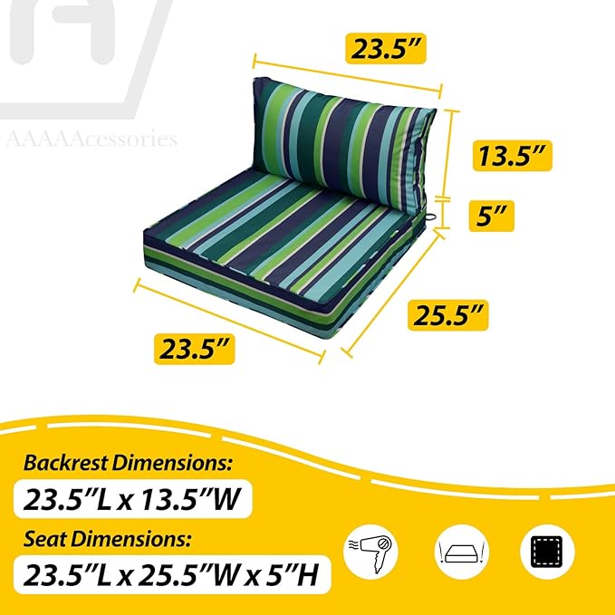 AAAAAcessories Outdoor Seat Cushions for Chairs, Fade-Resistant, Waterproof Patio Furniture Replacement Cushions, 23.5" x 25.5" x 5" + 23.5" x 13.5", Stormy Teal Coastal Stripe
