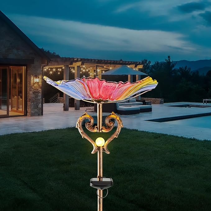 Garden Decor Gifts Solar Glass Blue Bird Bath Yard Art Garden Outdoor Birdbath with Metal Stake with White LED Light Metal Stake Garden for Women