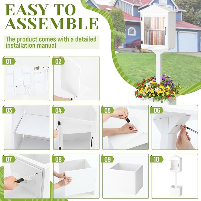 Wonderjune Little Library Box Outdoor, Durable Weatherproof Solid Wood Book Exchange Box with Floor Plugs and Small Flower Fence for Community, Literature, School Sharing Book(White,Steepletop)