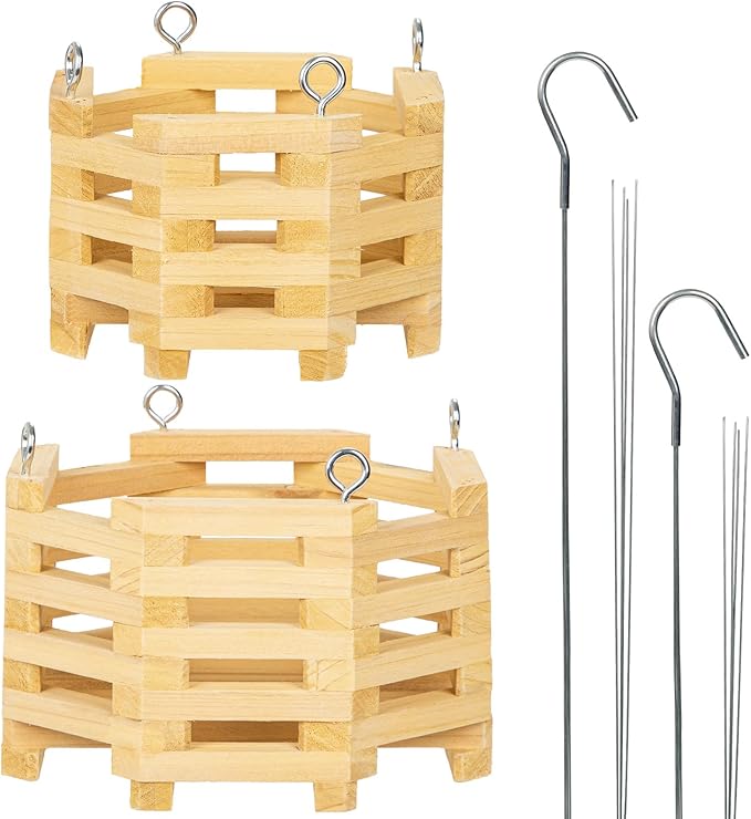 Wooden Orchid Baskets with Hangers for Epiphytes & Vandas, 6" & 8" Octagon Hanging Planter Set for Patio, Balcony Decor, Garden Flower Pots for Indoor Outdoor Plants, Set of 2