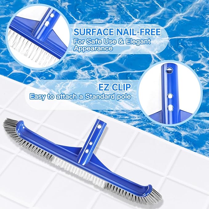 Pool Brush Head & Fine Mesh Pool Skimmer Kit，17" Pool Brushes for Cleaning Pool Wall， Reinforced Frame Pool Net Leaf Skimmer Cleaning Tool with Deep Fine Nylon Mesh Net Bag for Fast Cleaning