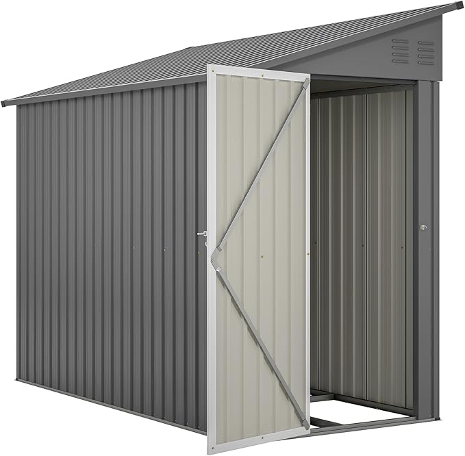 YOPTO 4×8 FT Lean to Metal Shed,Outdoor Heavy-Duty Storage Shed with Floor Base,All Weather Waterproof Garden Tool House W/Lockable Door&2 Air Vents,Reversible Door Design,for Backyard,Patio,Lawn,Gray