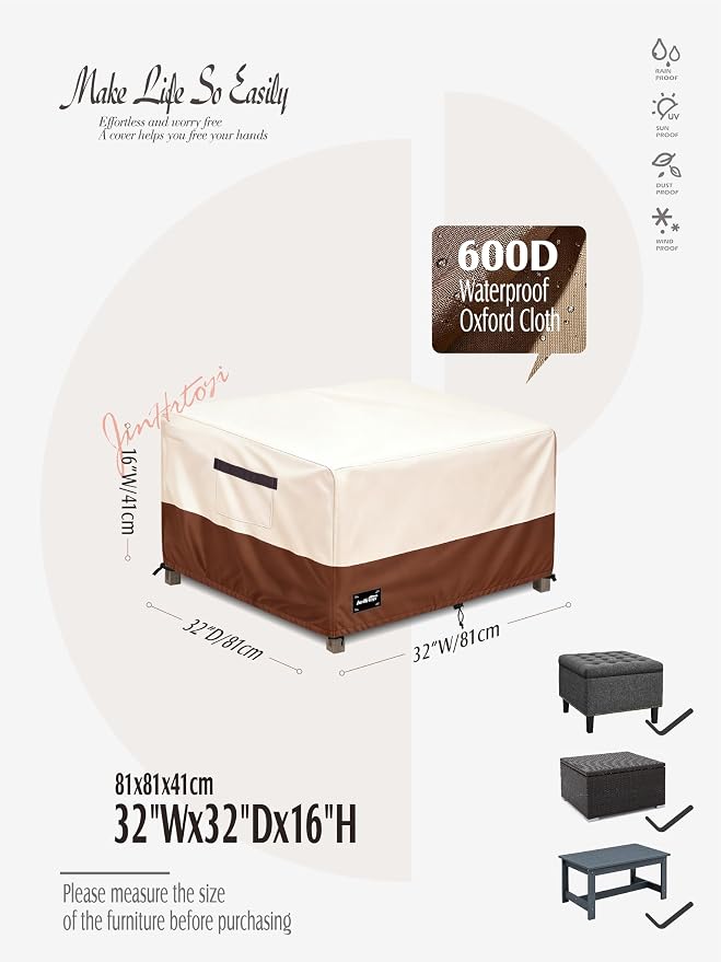 Patio Square Table Cover,32Wx32Dx16H Inches 100% Waterproof Heavy Duty Outdoor Coffee Table Cover,Beige&Brown Modern Style Outdoor Furniture Covers