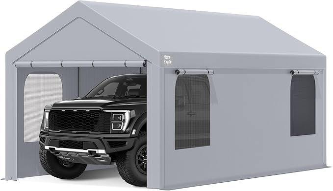 Carport, 10 x 20 FT Portable Garage Heavy Duty, Carport Canopy with Sidewalls Roll-Up Door & Windows, Car Port Canopy Tent Reinforced with Extended Skirt (Gray)