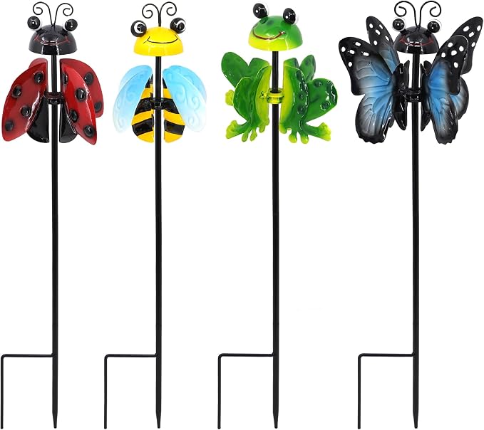 4 Pack Metal Wind Spinners for Yard, 360° Rotating Garden Stake with Butterfly Frog Bee Ladybug, Kinetic Outdoor Art Decor, All-Weather Lawn Ornament Gift