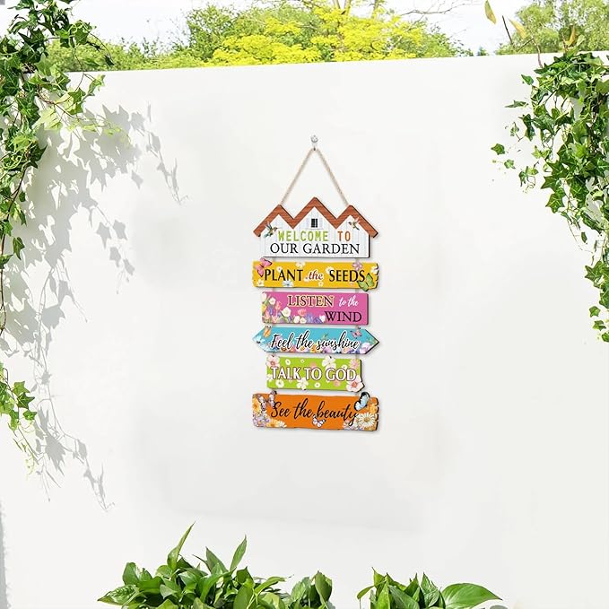 HOURIA Welcome to Our Garden Wooden Sign(11.4”x17.6”),Inspirational Gardening Signs for Outside,Colorful Garden Yard Greenhouse Decor,Gardening Gifts for Women, Men, Gardeners,Plant Lovers