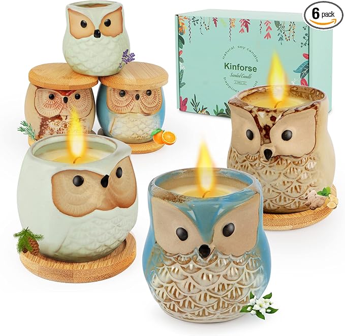 Kinforse Scented Candles Birthday Gifts for Women, Owl Gifts for Women, 6 Pack Novelty Owl Aromatherapy Candle Bulk Gift for Birthday Mother's Thanksgiving
