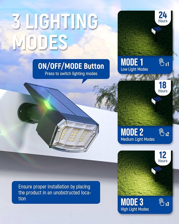 AUDERWIN Solar spotlights Outdoor 63 LED 3 Lighting Modes, IP65 Waterproof Lighten Yard Garden House Garage Pathway for Christmas Decorations-4 Pack