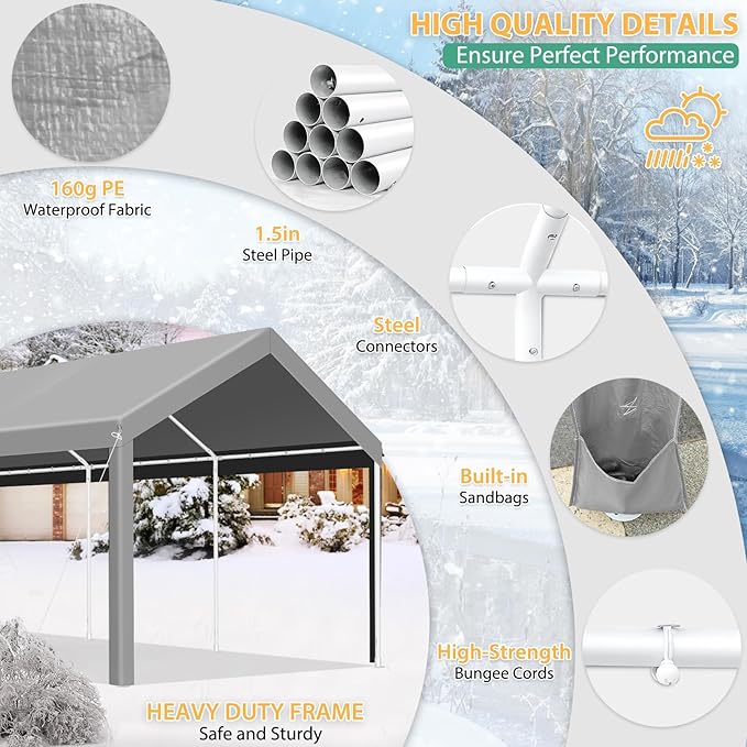 COBIZI Carport 10'x20' Heavy Duty Portable Garage, 2.0 Powder Coated Frame(Better Than Galvanized), Waterproof Shelter with Removable Sidewalls & Windows, Built-in Sandbags, for Car/Boat/SUV, Gray