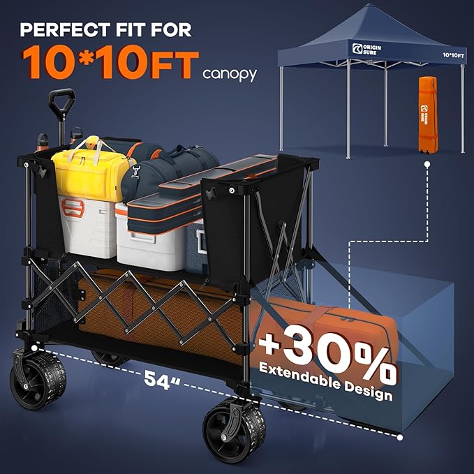 Originsure 400L Double Decker Wagon Collapsible with 54" L Tailgate, 560lbs Heavy Duty Carts Foldable, Extra Large Folding Beach Wagon with Big All-Terrain Wheels for Camping, Sports, Groceries, Black